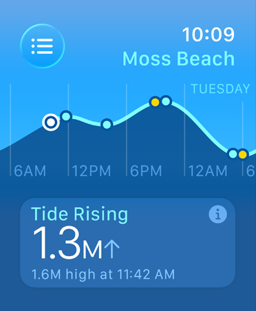 Tides app, metrics: high and low tides, rising and falling tides, line graph estimating times and tide points