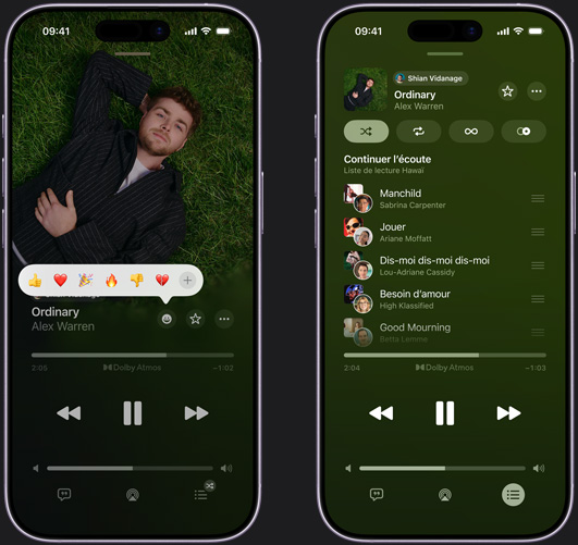 L’iPhone à gauche montre Ordinary de Alex Warren jouant à l’écran avec une bulle de réaction proposant les options suivantes : pouce en l’air, cœur, célébration, pouce en bas et ajouter une autre réaction. L’iPhone à droite montre une liste de lecture collaborative appelée Sur la route avec plusieurs chansons ajoutées par d’autres personnes