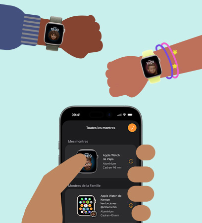 Apple Watch pour vos enfants, illustration en style dessin animé, poignets d’enfants portant des Apple Watch SE 3 jumelées à un iPhone dans la main d’un parent 