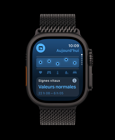 Apple Watch Ultra 3, noir, boîtier en titane, app Signes vitaux, tableau des données de santé, notification d’anomalies dans les signes vitaux nocturnes, bracelet, milanais noir
