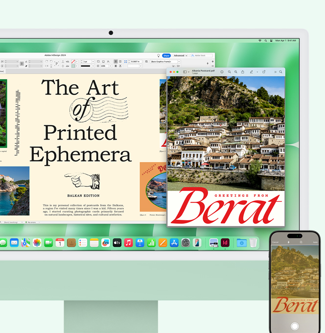 Un iMac verde junto a un iPhone. Un documento escaneado en el iPhone aparece en la pantalla de la iMac