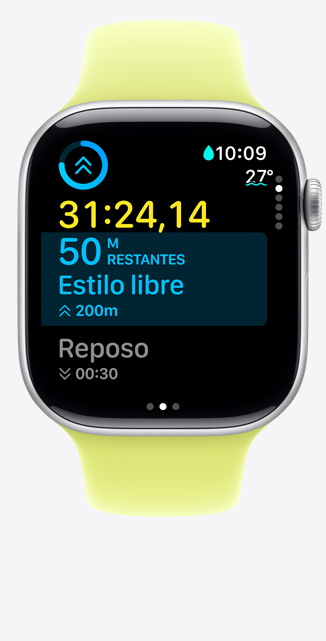 Apple Watch Series 11, caja de aluminio, color plata, Entrenamiento Personalizado en pantalla que muestra Natación en Piscina, métricas en pantalla, correa deportiva, color amarillo neón
