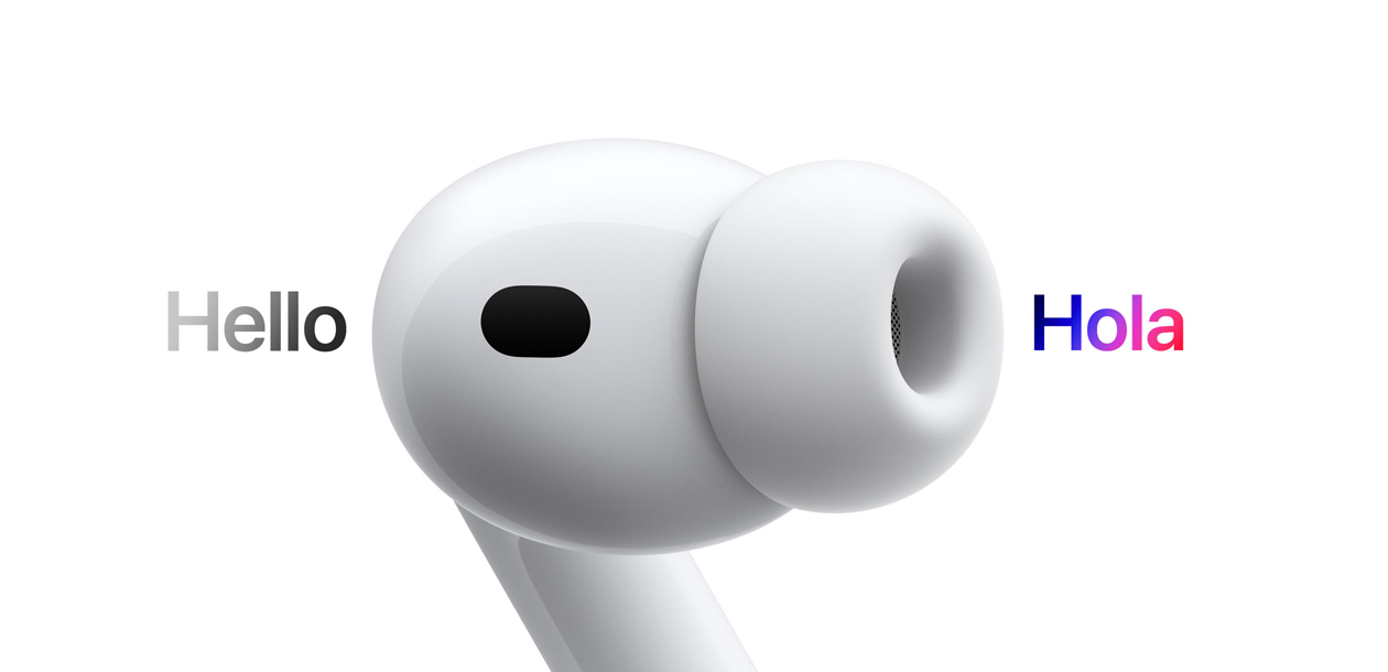 AirPods Pro 3, audífono con almohadilla de silicón, Traducción en Vivo cambia los caracteres en inglés que dicen 'hello' a un texto en español que dice 'hola'