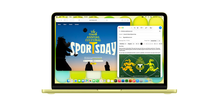 MacBook Neo s několika otevřenými aplikacemi jako Safari a Mail, zobrazuje se letáček s nápisem „The fourth annual cultural sports day“.