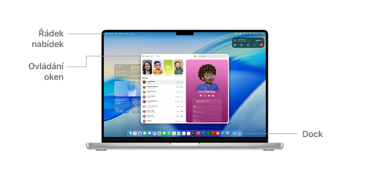 Prohlídka navigace macOS jako je Řádek nabídek a Ovládání oken na obrazovce čtrnáctipalcového MacBooku Pro.