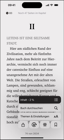 iPhone Bildschirm, der eine Buchseite in der Books App zeigt. Darüber werden Optionen zum Vergrößern von Text, zum Durchsuchen des Buchs sowie Themen und Einstellungen auf dem Bildschirm eingeblendet