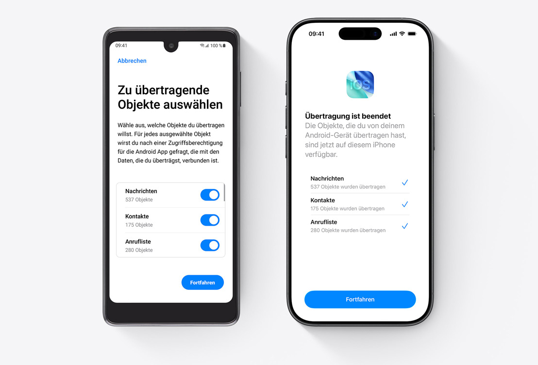 Nebeneinander angeordnet, ein Android Display zeigt die Auf iOS übertragen App an, ein iPhone Display zeigt die Auf iOS übertragen App an