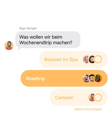 Umfragefunktion in Nachrichten mit Personen im Gruppenchat, die darüber abstimmen, wohin der Wochenendausflug gehen soll