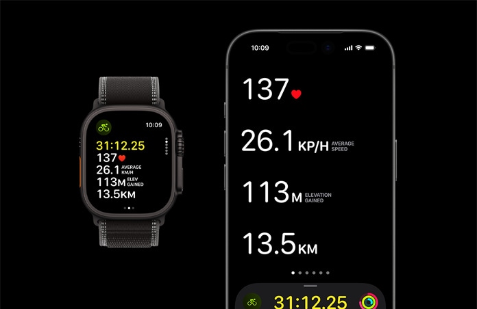 Apple Watch Ultra 3, black color, titanium case, Trail Loop, black/charcoal color,  iPhone, active workout metrics open on both devices