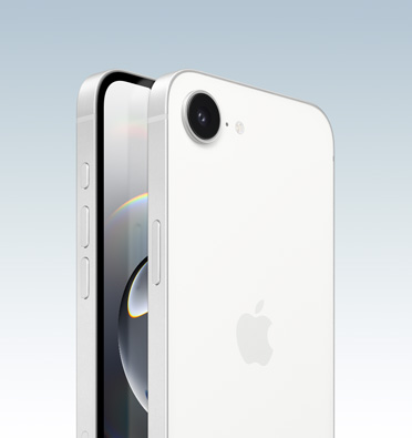 iPhone 16e in White finish, partial-screen display and side angle shows - Action, volume and side button. Back exterior shows 2 in 1 camera system in top left corner.