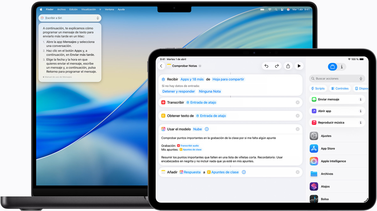 Un Mac que muestra Escribir a Siri y un iPad que muestra un atajo creado con Apple Intelligence.