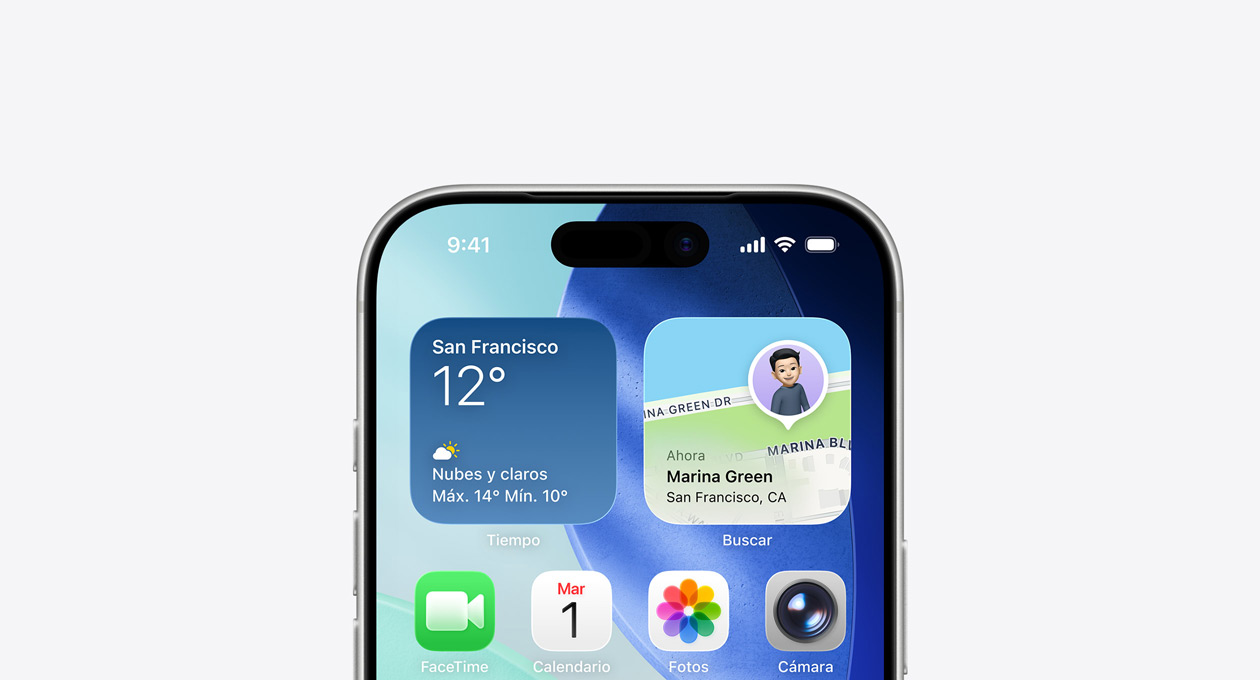 La parte superior de un iPhone muestra la pantalla de inicio con los widgets de Tiempo y Buscar en la fila superior