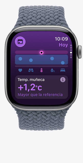 Apple Watch Series 11,  titanium case, slate color, Vitals app, chart scoring health, wrist temperature above baseline notification, right side, Digital Crown, anchor blue Braided Solo Loop