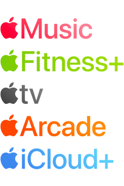 Logos verschiedener Apple Aboservices, einschliesslich Apple Music, Fitness+, Apple TV, Apple Arcade, iCloud+