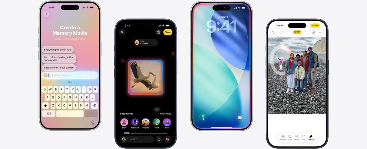 Fem iPhoner som viser Apple Intelligence-funksjoner: opprettelse av en minnefilm, lage kunst i Image Playground, Låst skjerm i iOS med indre glød, Direkteoversetting under en telefonsamtale og oversettelse i sanntid i Meldinger.