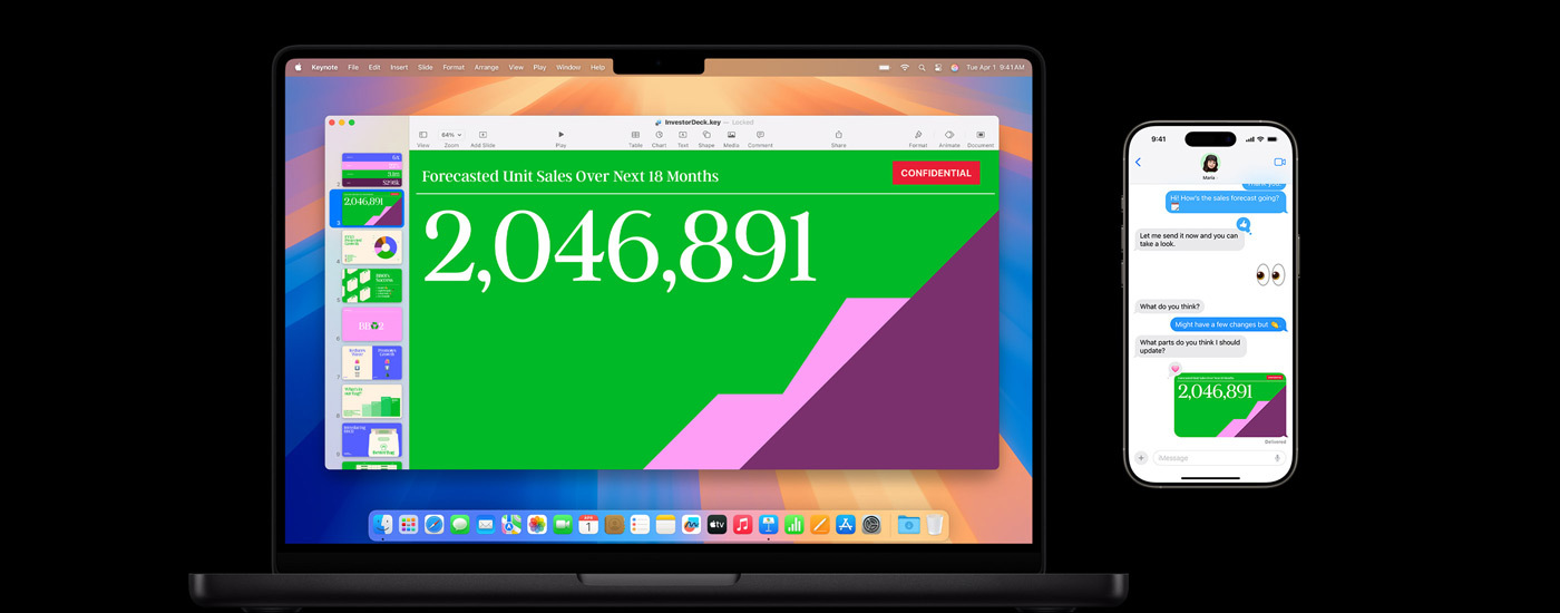 En præsentation vist på en Mac-skærm og en beskedudveksling, der linker til præsentationen.
