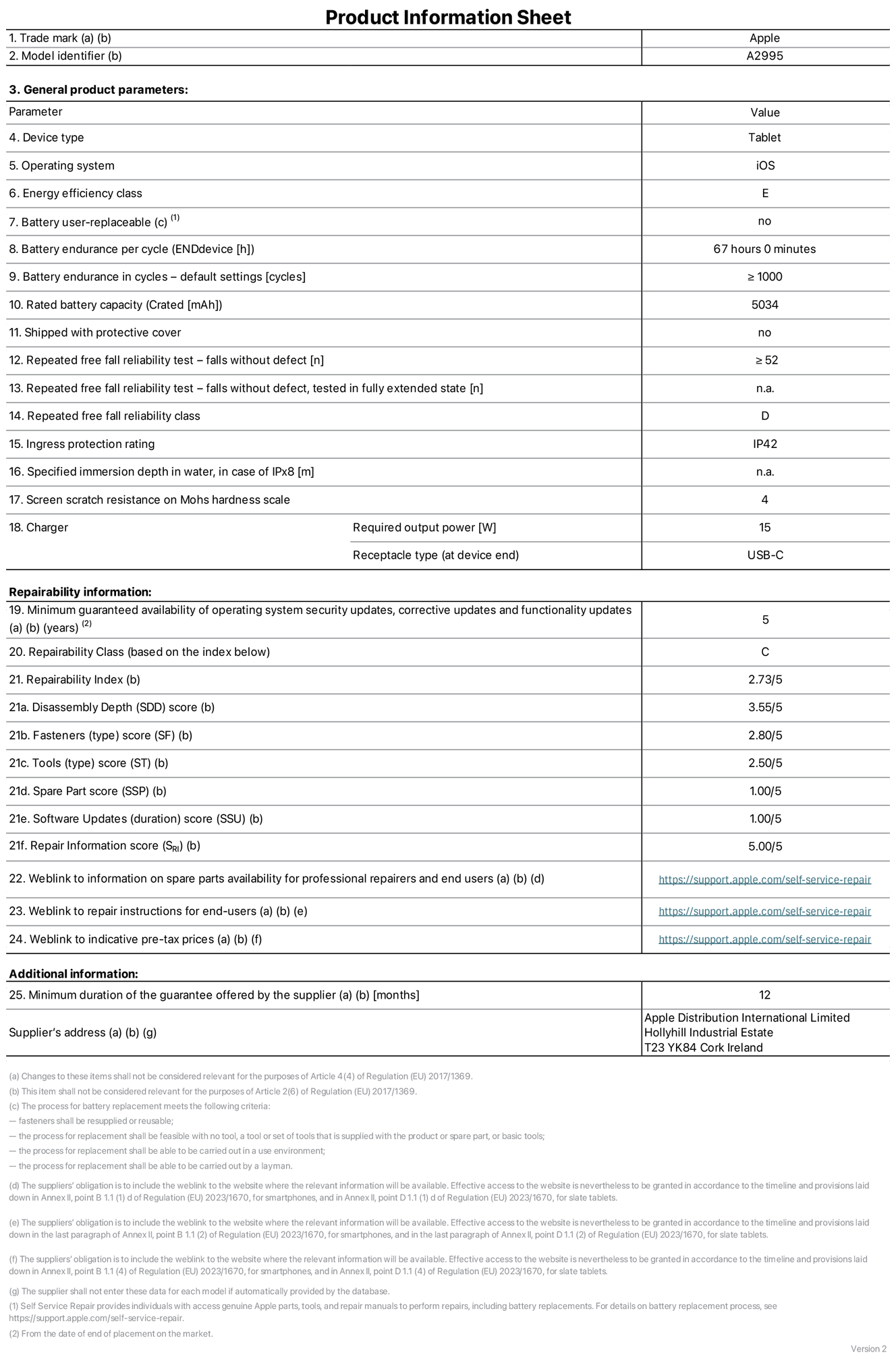 Product information sheet for iPad mini Wi-Fi + Cellular, model A2995. Supplied by Apple Distribution International Ltd, Hollyhill Industrial Estate. Cork, Ireland, T23 YK84. Device type: tablet. Operating system: iOS. Energy efficiency class: E. Battery user-replaceable: no. Battery endurance: 67 hours. Battery endurance in cycles: greater than or equal to 1,000. Rated battery capacity: 5,034 milliampere-hours. Repeated free fall reliability test - falls without defect: greater than or equal to 52. Repeated free fall reliability class: D. Ingress protection rating: IP42. Screen scratch resistance on Mohs hardness scale: 4. Charger required output power: 15 watts. Charger receptacle type: USB-C. Minimum guaranteed availability of operating system security updates, corrective updates and functionality updates: 5 years. Repairability Class: C. Repairability Index: 2.73/5. Disassembly Depth score: 3.55/5. Fasteners score: 2.80/5. Tools score: 2.50/5. Spare Part score: 1.00/5. Software Updates score: 1.00/5. Repair Information score: 5.00/5. Weblink to information on spare parts availability for professional repairers and end-users: https://support.apple.com/self-service-repair. Weblink to repair instructions for end-users: https://support.apple.com/self-service-repair. Weblink to indicative pre-tax prices: https://support.apple.com/self-service-repair. 12-month general guarantee offered.