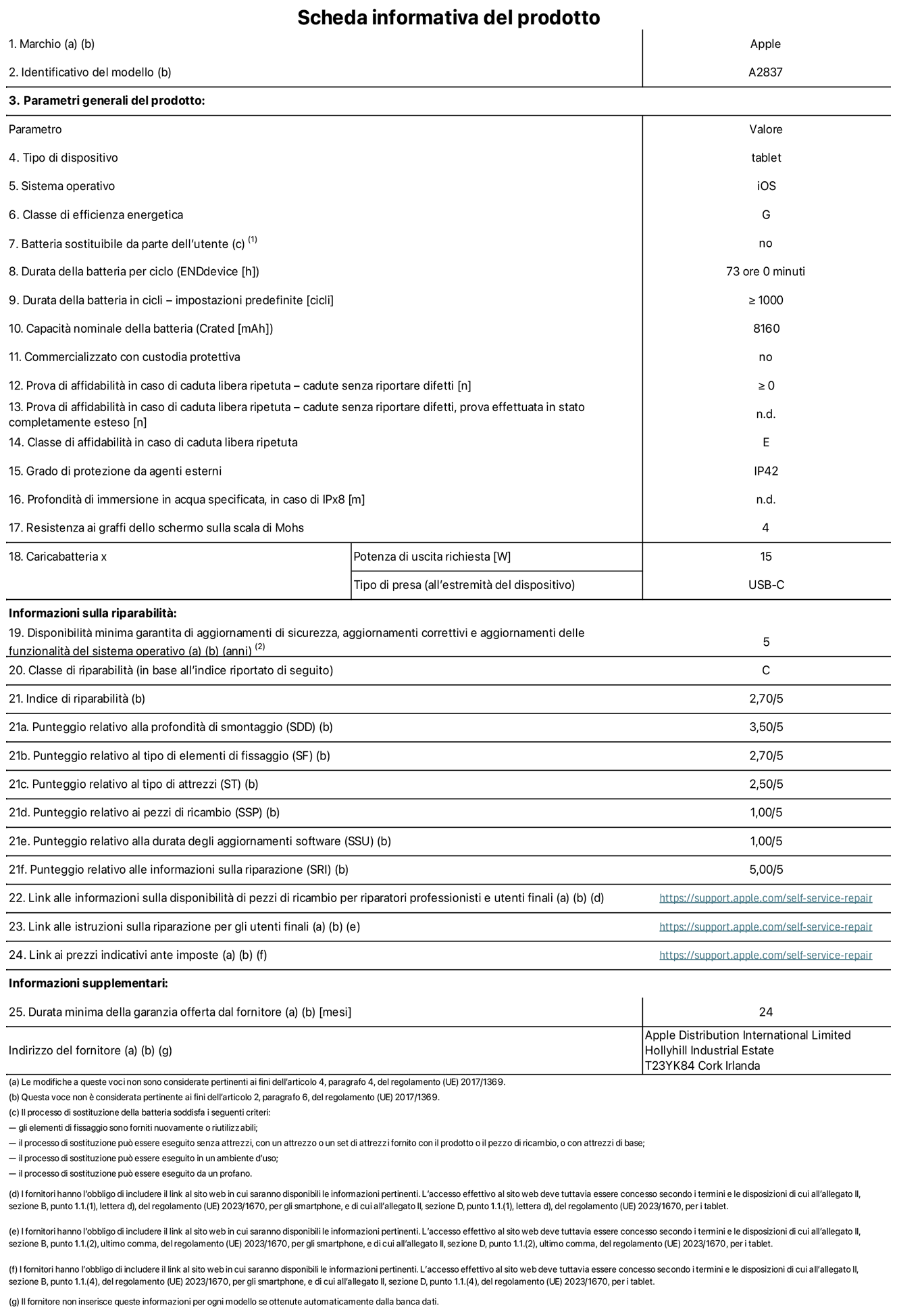Scheda informativa del prodotto per iPad Pro 11 pollici Wi-Fi + Cellular, modello A2837. Fornito da Apple Distribution International Ltd, Hollyhill Industrial Estate, T23 YK84 Cork, Irlanda. Tipo di dispositivo: tablet. Sistema operativo: iOS. Classe di efficienza energetica: G. Batteria sostituibile da parte dell’utente: no. Durata della batteria: 73 ore. Durata della batteria in cicli: maggiore o uguale a 1000. Capacità nominale della batteria: 8160 mAh. Prova di affidabilità in caso di caduta libera ripetuta (cadute senza riportare difetti): maggiore o uguale a 0. Classe di affidabilità nel caso di caduta libera ripetuta: E. Grado di protezione da agenti esterni: IP42. Resistenza ai graffi dello schermo sulla scala di Mohs: 4. Potenza di uscita richiesta per il caricabatterie: 15W. Tipo di presa (all’estremità del dispositivo): USB-C. Disponibilità minima garantita di aggiornamenti di sicurezza, aggiornamenti correttivi e aggiornamenti delle funzionalità del sistema operativo: 5 anni. Classe di riparabilità: C. Indice di riparabilità: 2,70 su 5. Punteggio relativo alla profondità di smontaggio: 3,50 su 5. Punteggio relativo al tipo di elementi di fissaggio: 2,70 su 5. Punteggio relativo al tipo di attrezzi: 2,50 su 5. Punteggio relativo ai pezzi di ricambio: 1,00 su 5. Punteggio relativo alla durata degli aggiornamenti software: 1,00 su 5. Punteggio relativo alle informazioni sulla riparazione: 5,00 su 5. Link alle informazioni sulla disponibilità di pezzi di ricambio per riparatori professionisti e utenti finali: https://support.apple.com/self-service-repair. Link alle istruzioni sulla riparazione per gli utenti finali: https://support.apple.com/self-service-repair. Link ai prezzi indicativi ante imposte: https://support.apple.com/self-service-repair. È prevista una garanzia generale di 24 mesi.