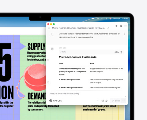 Skærmen på MacBook Air viser Skriveværktøjer med Apple Intelligence, som laver huskekort om mikro- og makroøkonomi