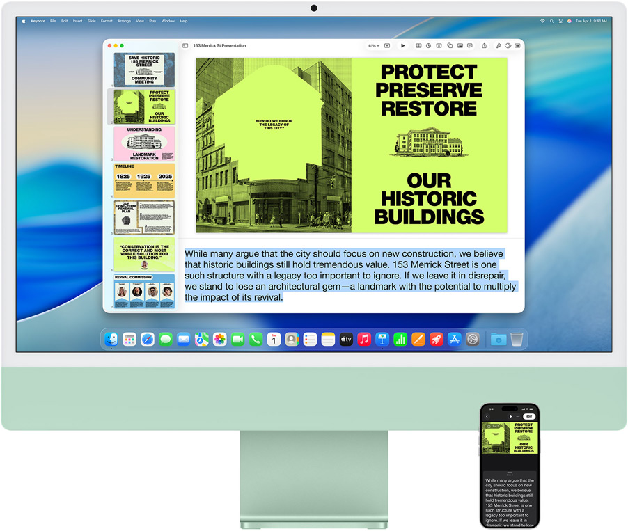 Un iMac et un iPhone 16 Plus, l’app Keynote ouverte sur l’iMac, une diapositive et les notes de l’intervenant sont visibles sur l’iPhone