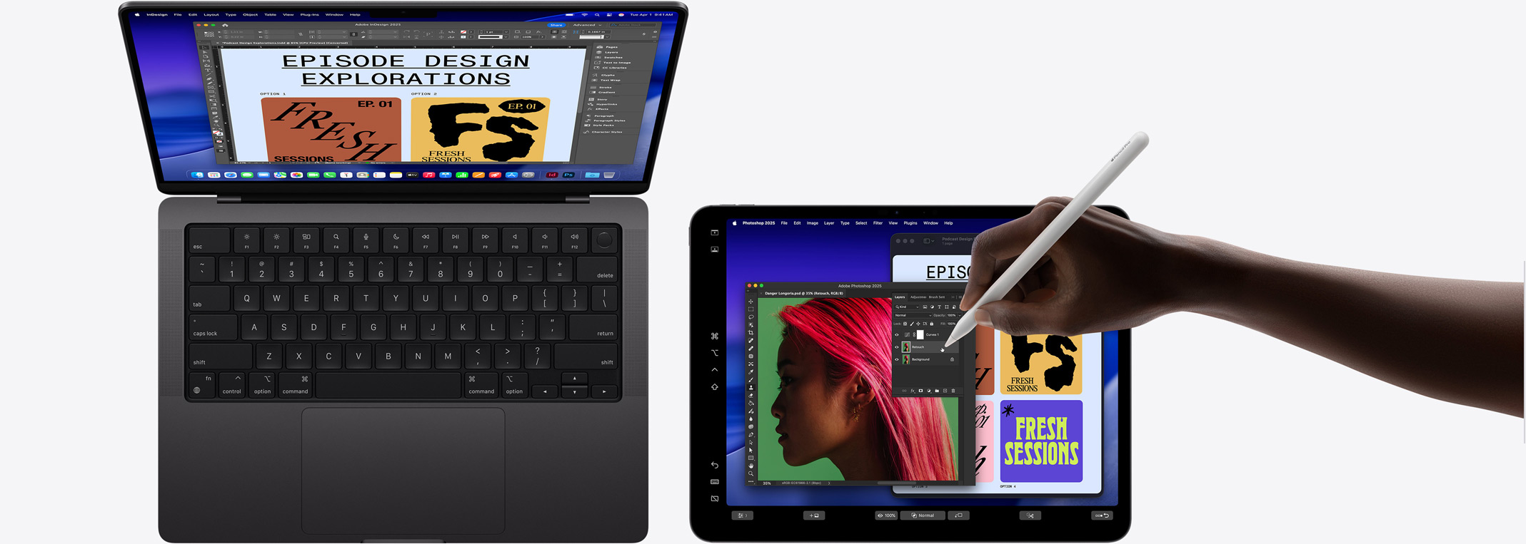 Un MacBook Pro 14 pouces, un iPad Pro 13 pouces utilisé pour étendre l’écran du MacBook, une main utilise un Apple Pencil Pro pour manipuler l’image sur l’iPad