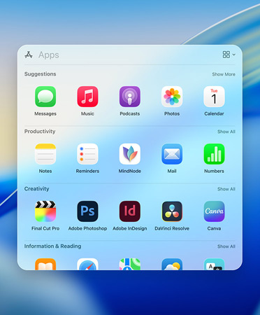 Menu di navigazione di Spotlight con le app organizzate nelle categorie: Utility, Social, Produttività e Finanza, Intrattenimento,  Informazione e Lettura