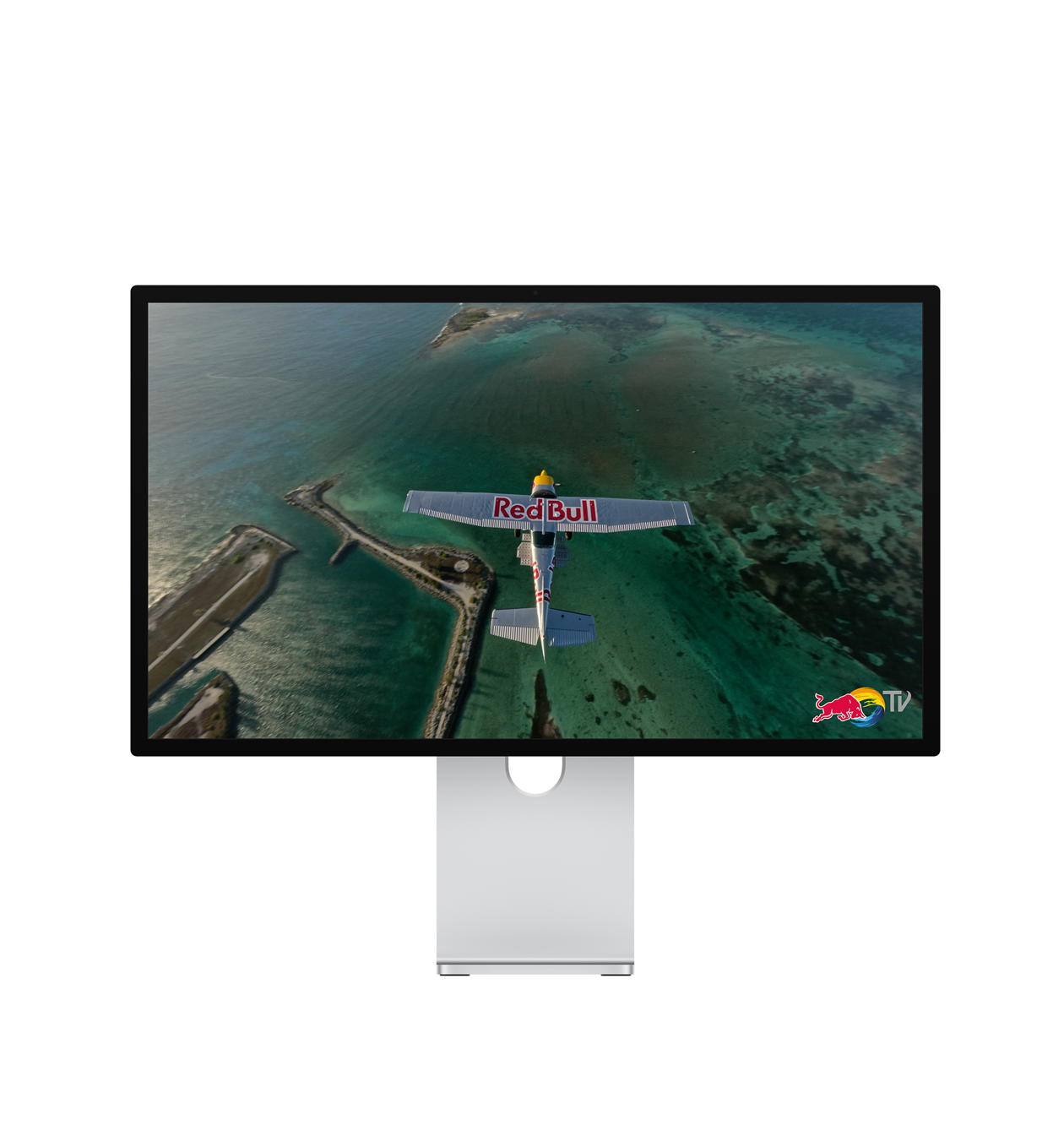 Studio Display XDR entouré d’illustrations d’ondes sonores, l’écran affiche une scène de la série Hijack