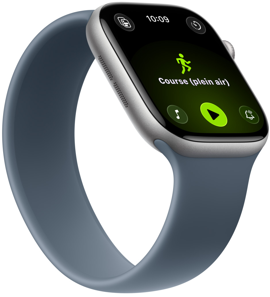 Apple Watch Series 11, boîtier en aluminium, gris sidéral, exercice Course en plein air, commandes Apple Music au bas de l’écran, Boucle unique, bleu maritime