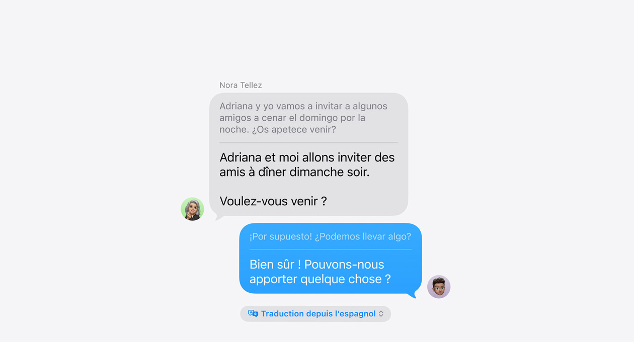 Traduction en direct dans Messages, montrant un exemple de traduction automatique de l’espagnol vers l’anglais