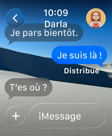un message translucide s’affiche à l’écran, indiquant Où es-tu ? et le mot Suggestions s’affiche en dessous avec l’action intelligente Partager la position pendant 1 heure