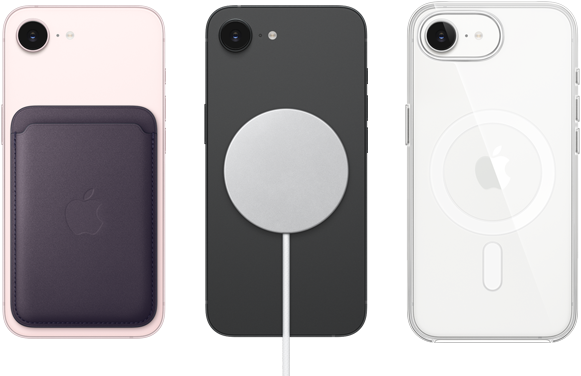 iPhone 17e, πίσω όψη, απαλό ροζ χρώμα, Πορτοφόλι με ύφασμα FineWoven με MagSafe, iPhone 17e, πίσω όψη, μαύρο χρώμα, με φορτιστή MagSafe, iPhone 17e, πίσω όψη, λευκό χρώμα, Διάφανη θήκη με MagSafe