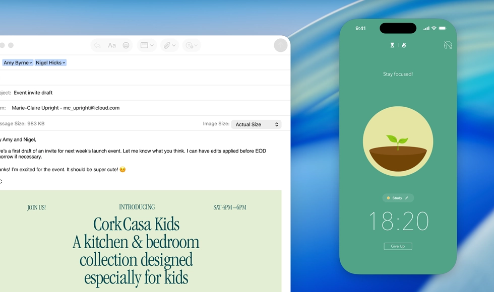 MacBook screen, Mail app open, iPhone screen mirrored on MacBook screen shows a Forest pomodoro timer