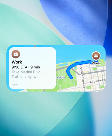 Maps widget showing new preferred routes trip planner, with traffic details, arrival time, and duration of trip