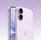 薰衣草紫色 iPhone 17 的機身正面和機背的側看角度，雙融合相機系統在左上角，同時展示相機控制按鈕；機身正面一側展示全螢幕設計，以及動作按鈕和側邊按鈕