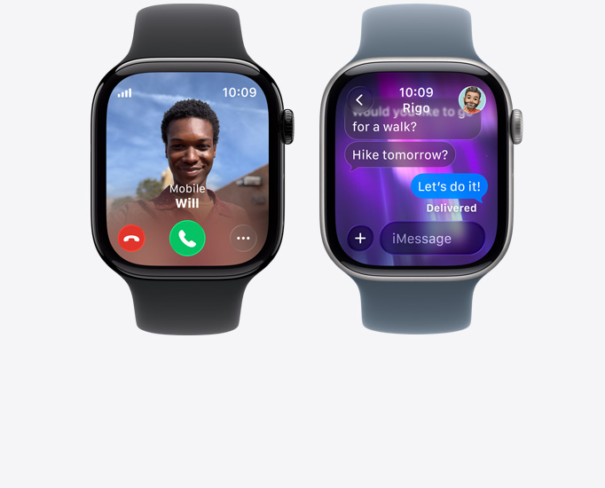 Apple Watch Series 11 裝置，展示來電、聯絡人相片、接聽與拒接來電按鈕、iMessage 對話