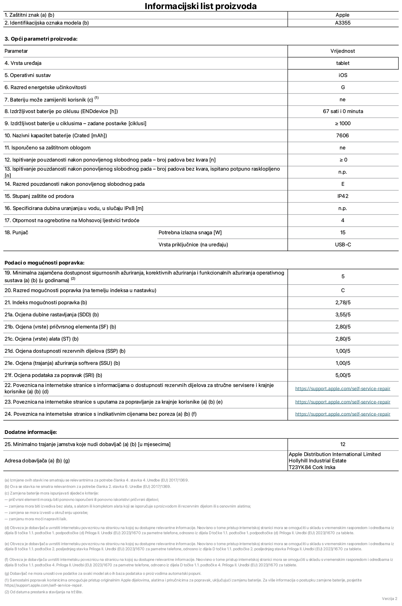 List s informacijama o proizvodu za iPad Wi-Fi + Cellular, model A3355. Isporučuje Apple Distribution International Ltd, Hollyhill Industrial Estate. Cork, Irska T23 YK84. Vrsta uređaja: tablet. Operacijski sustav: iOS. Klasa energetske učinkovitosti: G. Baterija koju može zamijeniti korisnik: ne. Trajanje baterije: 67 sati. Trajanje baterije u ciklusima: ≥ 1000. Nazivni kapacitet baterije: 7606 mAh. Test pouzdanosti ponavljanim slobodnim padovima – padovi bez kvarova: ≥ 0. Klasa pouzdanosti pri ponavljanim slobodnim padovima: E. Ocjena zaštite od prodiranja: IP42. Otpornost na grebanje zaslona na Mohsovoj ljestvici tvrdoće: 4. Potrebna izlazna snaga punjača: 15 W. Tip utičnice punjača: USB-C. Minimalna zajamčena dostupnost sigurnosnih ažuriranja operacijskog sustava, korektivnih ažuriranja i ažuriranja funkcionalnosti: 5 godina. Klasa popravljivosti: C. Indeks popravljivosti: 2,78/5. Ocjena dubine rastavljanja: 3,55/5. Ocjena pričvrsnih elemenata: 2,80/5. Ocjena alata: 2,80/5. Ocjena rezervnih dijelova: 1,00/5. Ocjena ažuriranja softvera: 1,00/5. Ocjena informacija o popravcima: 5,00/5. Internetska poveznica prema informacijama o dostupnosti rezervnih dijelova za profesionalne servisere i krajnje korisnike: https://support.apple.com/self-service-repair. Internetska poveznica prema uputama za popravljanje za krajnje korisnike: https://support.apple.com/self-service-repair. Internetska poveznica prema indikativnim cijenama prije poreza: https://support.apple.com/self-service-repair. Ponuđeno je 12-mjesečno općenito jamstvo.