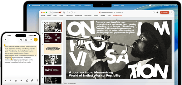 iPhone 16 Plus s označenim tekstom u aplikaciji Bilješke, MacBook Air s otvorenim Keynote slajdom, tekst iz aplikacije Bilješke vidljiv je na slajdu{