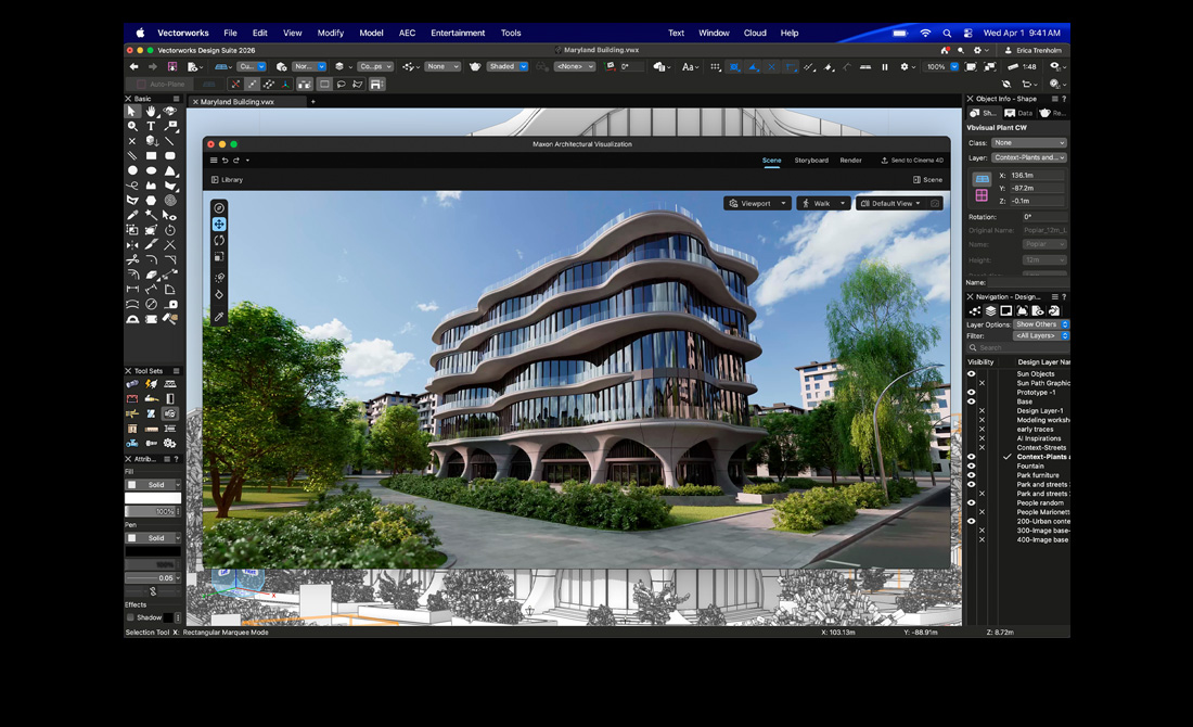 Layar MacBook Pro menampilkan Vectorworks Design Suite dengan Maxon Redshift