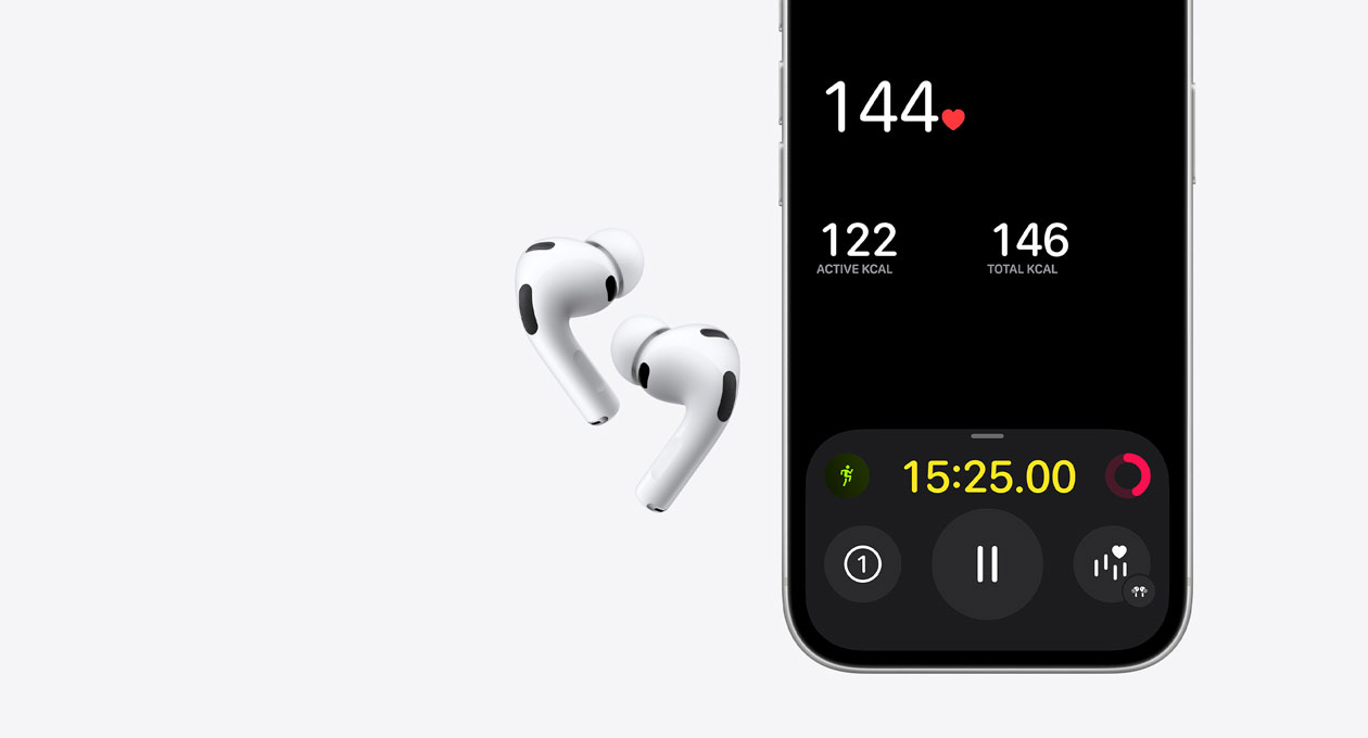 AirPods Pro 3, white colour, lower half of iPhone 17 Pro screen, Fitness app, heart rate sensing feature