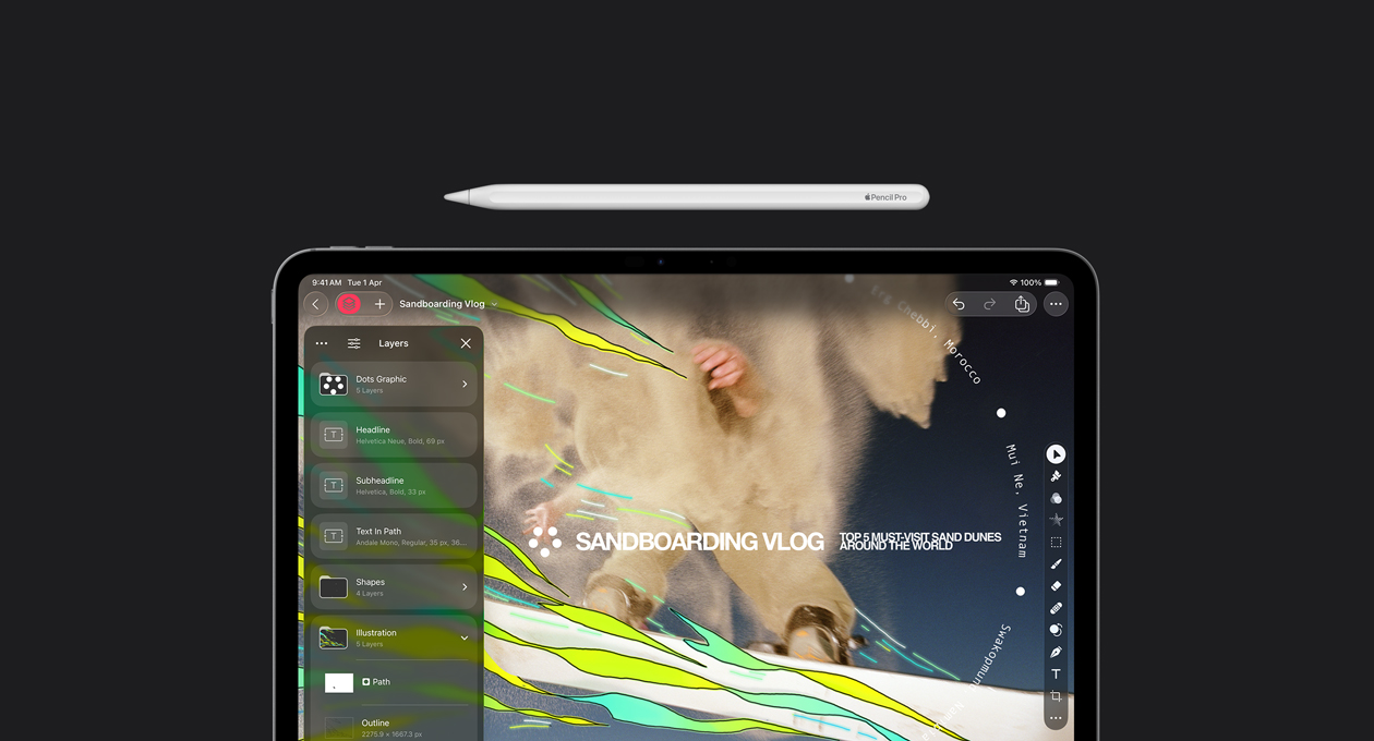 Apple Pencil on top of iPad Pro 13, screen shows Pixelmator Pro layers toolkit, graphic design toolkit, sandboarding vlog file