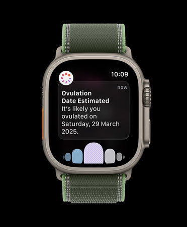 Apple Watch Ultra 3, natural titanium case, ovulation date estimation notification from Cycle Tracking in Health app, Trail Loop, green/neon colour