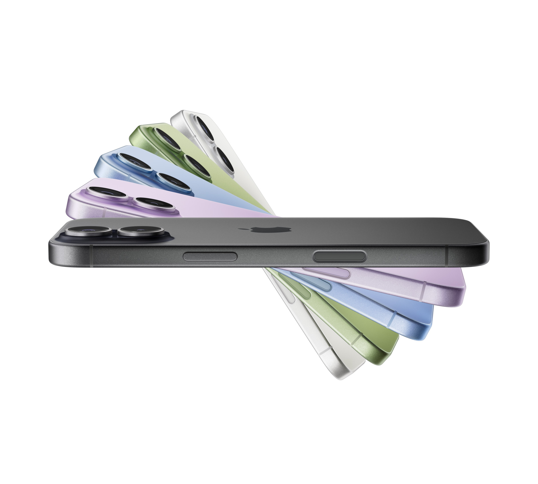 iPhone 17 devices fanned out, colours: black, lavender, mist blue, sage, white
