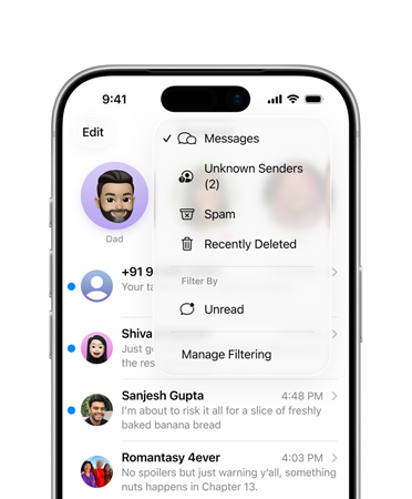 iPhone, top two-thirds showing Messages app with new screening tools feature that now filters unknown numbers into a section called Unknown Senders
