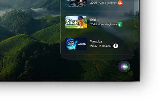 Un televisore a schermo piatto che mostra un elenco di film e serie TV di Apple TV