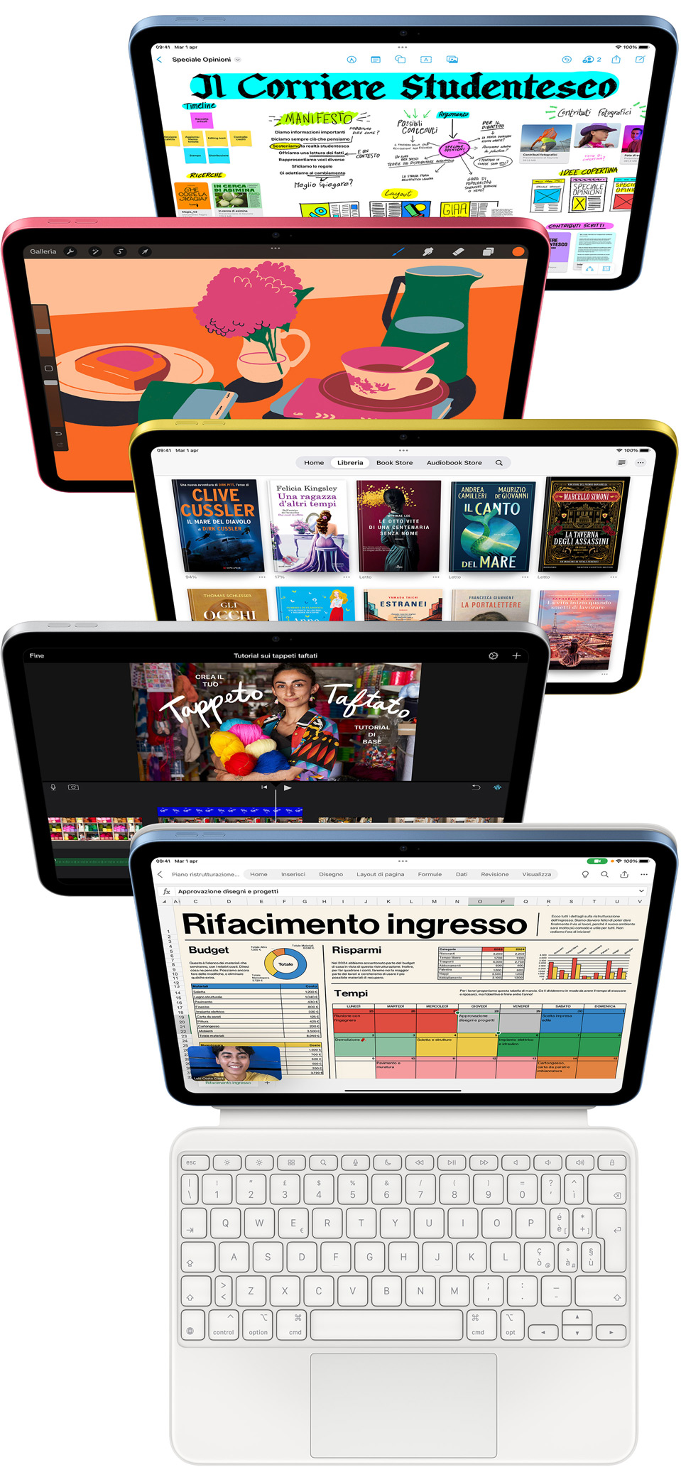 Schermate di iPad che mostrano varie app, tra cui Freeform, ProCreate, Libri, iMovie ed Microsoft Excel con Webex Meetings.
