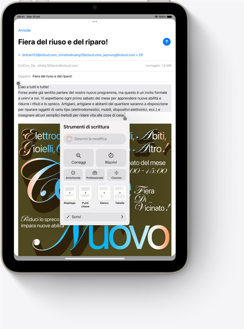 Un iPad mini che mostra gli Strumenti di scrittura, una nuova funzione di Apple Intelligence, usati nell’app Mail.
