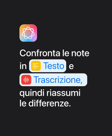 Icona di Apple Intelligence con il testo: “Confronta le note in Testo e Trascrizione quindi riassumi le differenze”