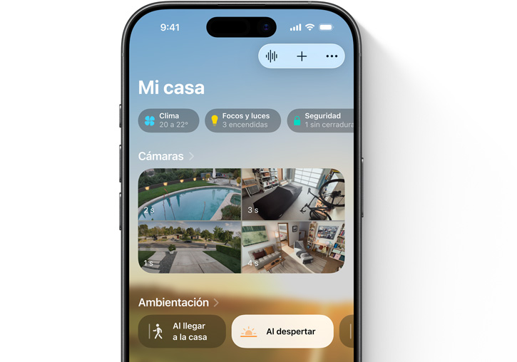 En la pantalla de un iPhone, se muestra la interfaz de 'Mi casa' en la app Casa
