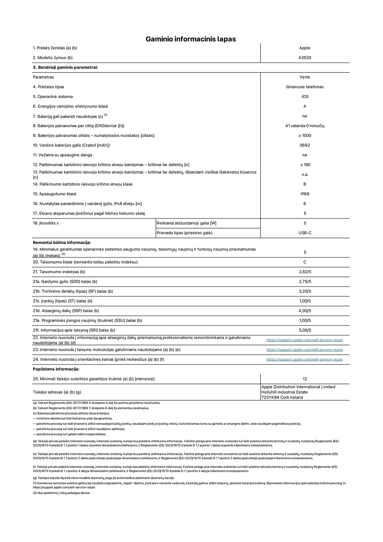 Gaminio informacinis lapas, „iPhone 17“, modelis A3520. Pateikė „Apple Distribution International Limited“, „Hollyhill Industrial Estate“. Korkas, Airija, T23 YK84. Prietaiso tipas: išmanusis telefonas. Operacinė sistema: „iOS“. Energinio naudingumo klasė: A. Vartotojas gali pakeisti bateriją: ne. Baterijos veikimo trukmė per ciklą: 41 valanda. Baterijos patvarumas ciklais – numatytosios nuostatos: didesnis arba lygus 1 000. Vardinė baterijos galia: 3 692 miliamperų valandos. Pristatoma su apsauginiu dangteliu: ne. Pakartotinis laisvo kritimo patikimumo bandymas – kritimai be defektų: didesnis arba lygus 180. Patikimumo testas kartotinio laisvojo kritimo atveju – kritimai be defektų, išbandant visiškai išskleistos būsenos: netaikoma. Pakartotinis laisvas kritimas patikimumo klasėje: B. Apsaugos nuo įsiskverbimo klasė: IP68. Nustatytas panardinimo į vandenį gylis, IPx8 atveju: 6 metrai. Ekrano atsparumas įbrėžimams pagal Moso kietumo skalę: 5. Įkrovikliui reikalinga išvesties galia: 5 vatai. Įkroviklio lizdo tipas (įrenginio gale): USB-C. Minimalus garantuotas operacinės sistemos saugumo atnaujinimų, korekcinių atnaujinimų ir funkcionalumo atnaujinimų prieinamumas: 5 metai. Pritaikymo remontuoti klasė: C. Pritaikymo remontuoti indeksas: 2.82/5. Išardymo gylio (SDD) balas: 2.75/5. Tvirtinimo detalių balas: 3.20/5. Įrankių balas: 1.00/5. Atsarginių dalių balas: 4.00/5. Programinės įrangos naujinių balas: 1.00/5. Informacijos apie taisymą balas: 5.00/5. Interneto nuoroda į informaciją apie atsarginių dalių prieinamumą profesionaliems remontininkams ir galutiniams naudotojams: https://support.apple.com/self-service-repair. Interneto nuoroda į taisymo instrukcijas galutiniams naudotojams: https://support.apple.com/self-service-repair. Nuoroda į orientacines kainas prieš mokesčius: https://support.apple.com/self-service-repair. Siūloma 12 mėnesių bendroji garantija.
