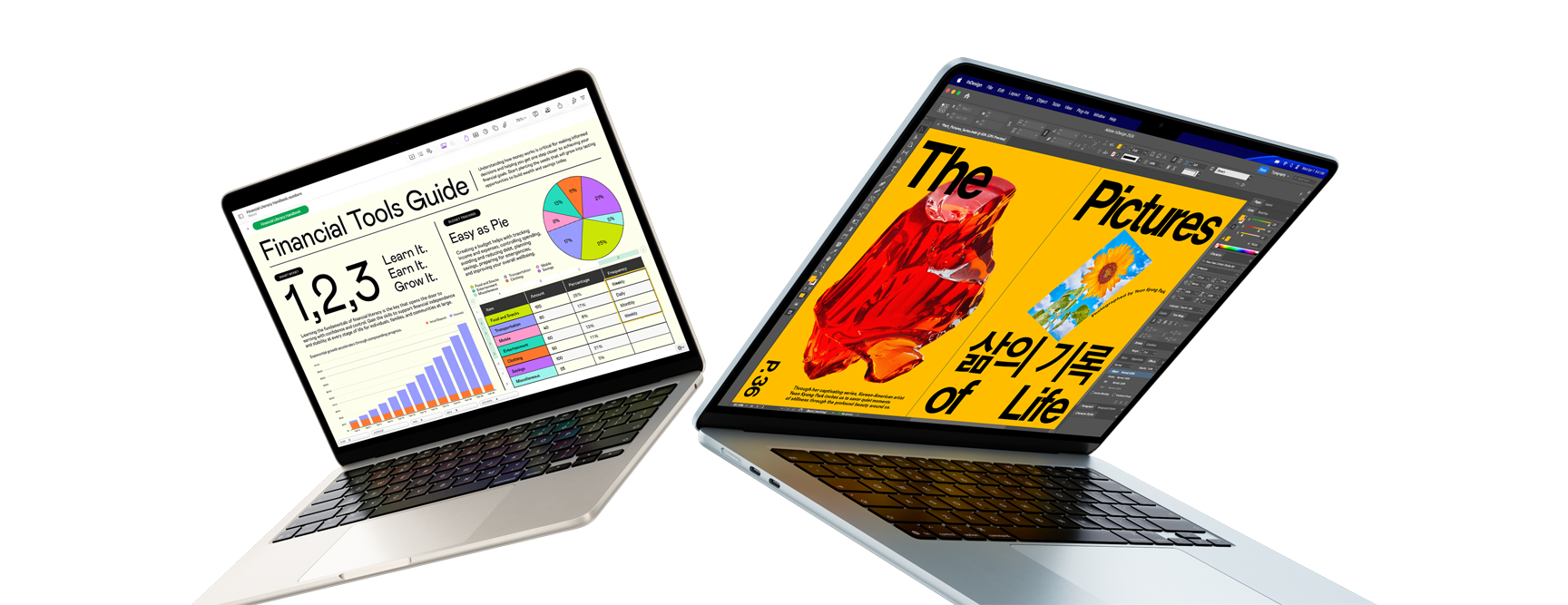 Deux portables MacBook Air 13 et 15 pouces — l’un affiche un travail effectué dans Numbers et l’autre, un travail de design